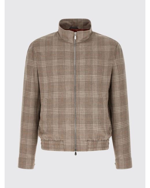 Brunello Cucinelli Brown Wool And Silk Bomber Jacket With Tartan Plaid Pattern for men