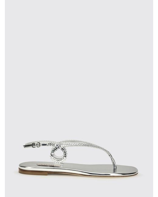 Casadei White Josephine Laminated Patent Leather Sandal With Rhinestones