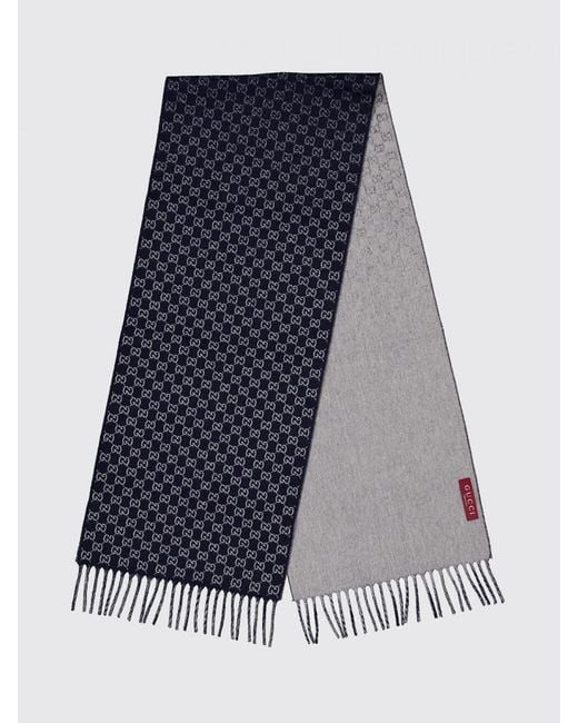 Gucci Blue Wool And Cashmere Gg Pattern Scarf for men