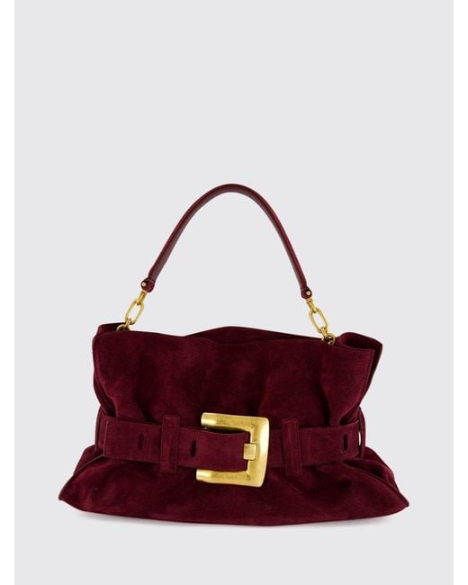 Balmain Purple Anthem Ruched Suede Calfskin Shoulder Bag With Buckle Detail