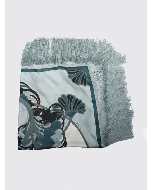 LaDoubleJ Blue Rectangular Floral Print Silk Scarf With Fringed Hem