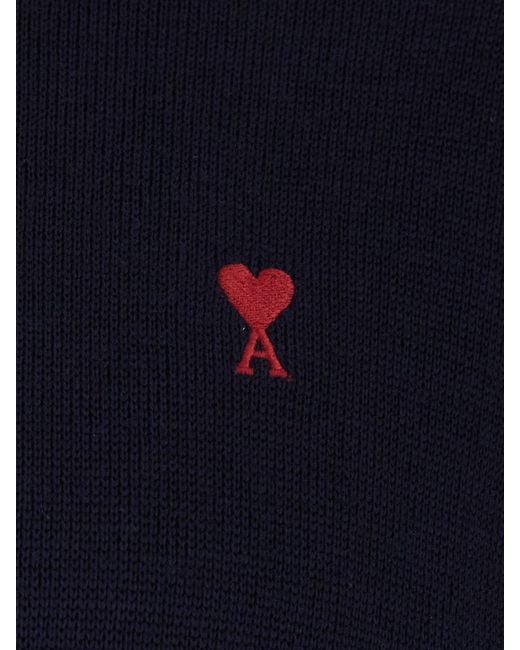 AMI Blue Crewneck Wool Jumper With Ami De Coeur Logo Embroidery for men