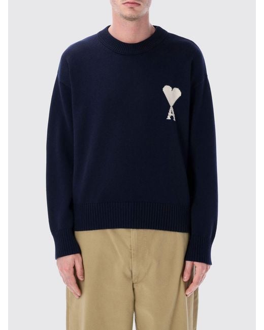 AMI Blue Wool And Cotton Knit Sweater With Logo for men
