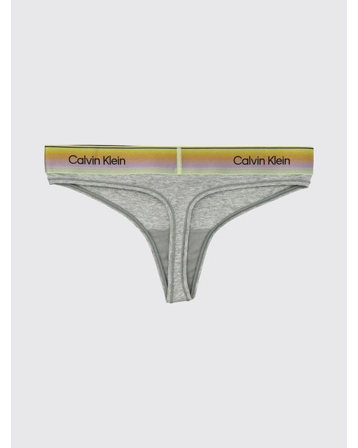 Calvin Klein Gray Stretch Cotton And Modal Thong With Jacquard Logo Waistband