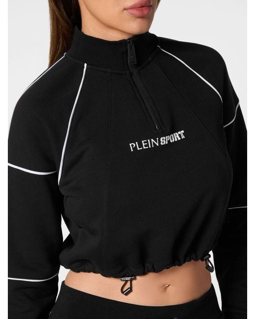 Philipp Plein Black Cropped Zip-Up Jersey Sweatshirt With Funnel Neck