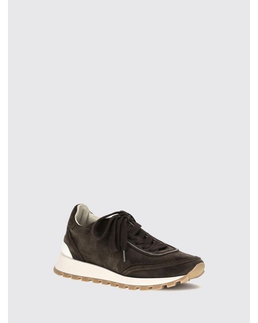 Brunello Cucinelli White Suede Calfskin Low-Top Trainers With Monili