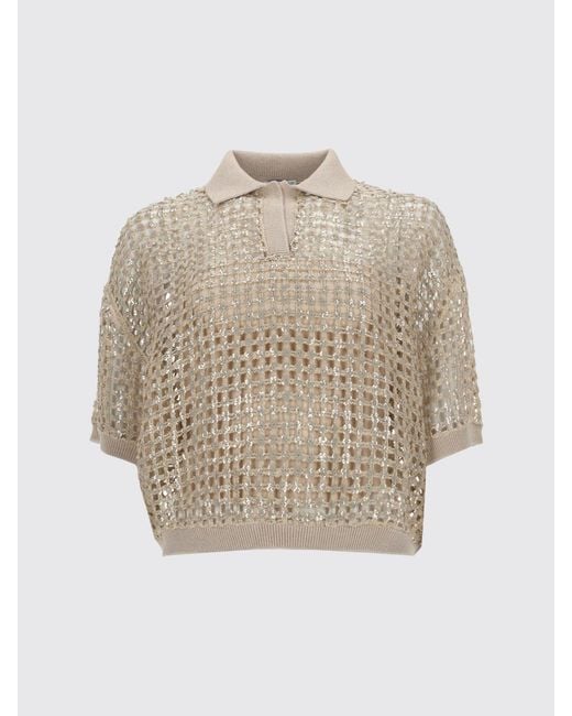 Brunello Cucinelli Natural Silk And Linen Polo Shirt With Sequins