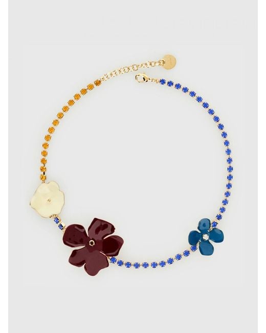 Marni Blue Brass Necklace With Rhinestones And Flowers