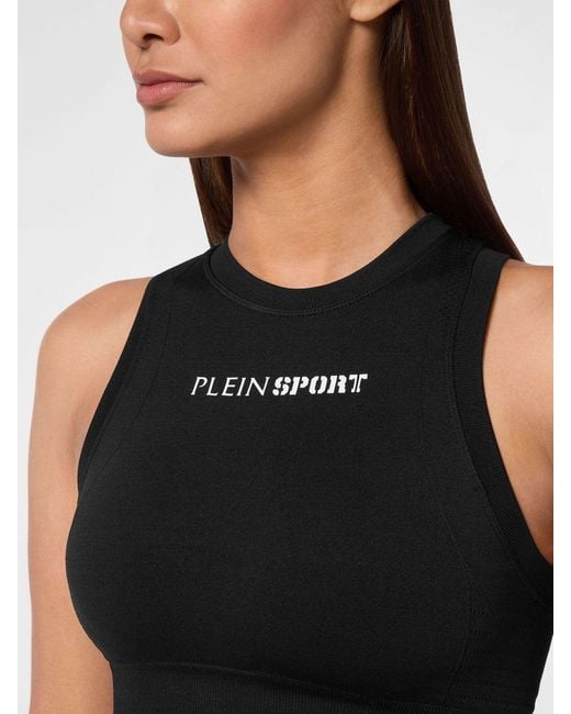 Philipp Plein Black Cropped Slim Fit Jersey Sports Top With Contrasting Logo