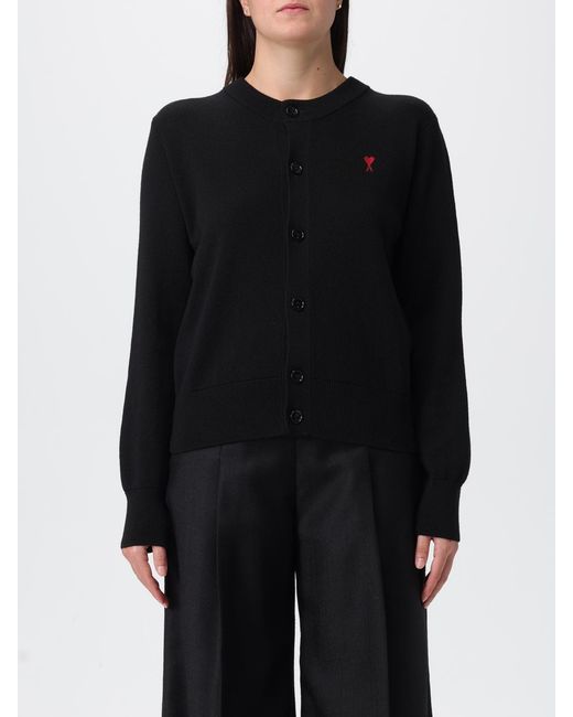 AMI Black Crew Neck Wool Cardigan With Logo