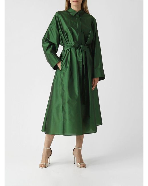 Max Mara Green Silk Blend Satin Chemisier Dress