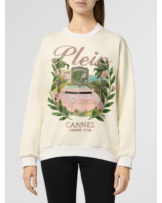 Philipp Plein Natural Cotton Crewneck Sweatshirt With Dropped Shoulders And Rhinestone Logo