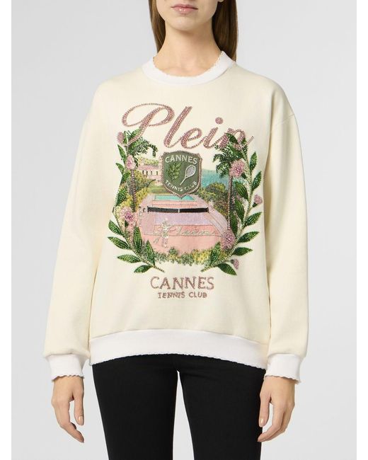 Sudadera De Algodón Con Cuello Redondo, Hombros Caídos Y Logo De Strass Philipp Plein de color Natural
