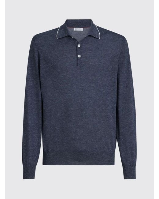 Brunello Cucinelli Blue Cashmere Silk And Hemp Knit Polo Shirt for men