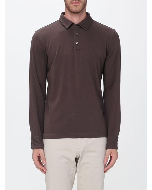 Zanone Brown Long-Sleeve Cotton Polo Shirt With Ribbed Collar And Three Buttons for men