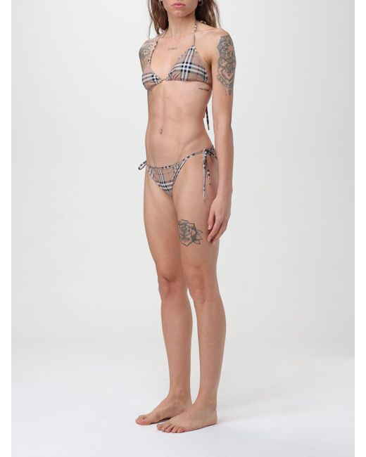 Costume a bikini check di Burberry in Natural
