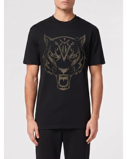 Philipp Plein Black Cotton T-Shirt With Rhinestones for men