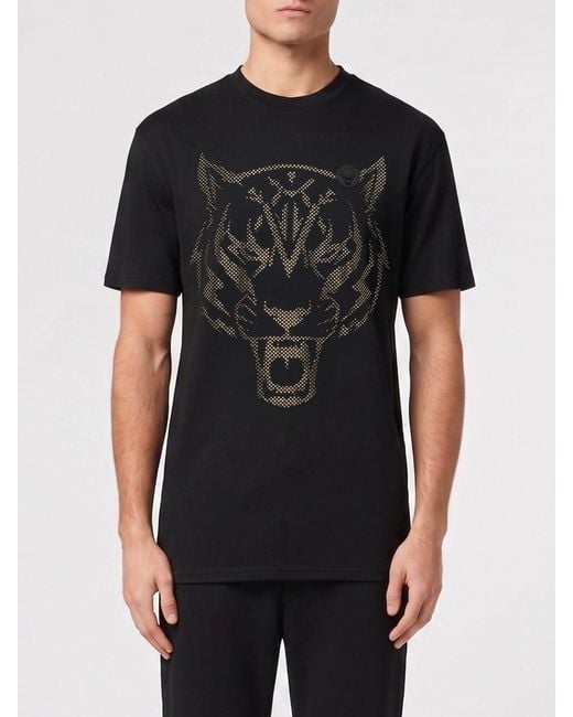 Philipp Plein Black Cotton T-Shirt With Rhinestones for men