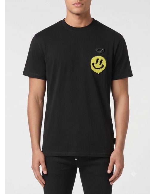 Philipp Plein Black Cotton T-Shirt With Contrasting Logo Patch And Dropped Shoulders for men