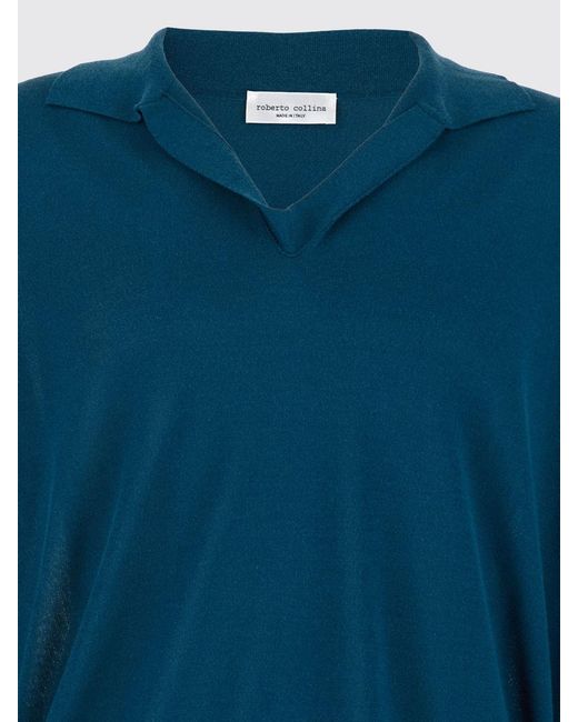 Roberto Collina Blue Long-Sleeved Cotton-Blend Knitted Polo Shirt for men