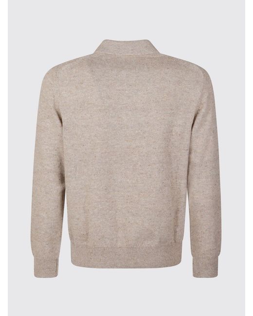 Eleventy Natural Long-Sleeved Knitted Wool Polo Shirt With Ribbed Collar for men