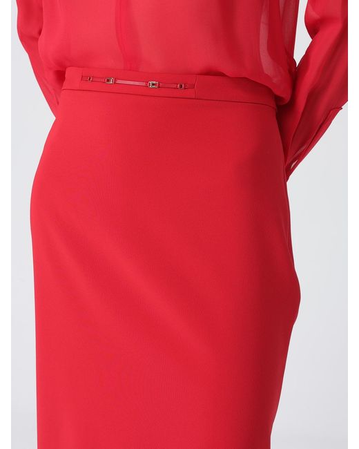 Elisabetta Franchi Red High-Waisted Crêpe Midi Pencil Skirt With Slit