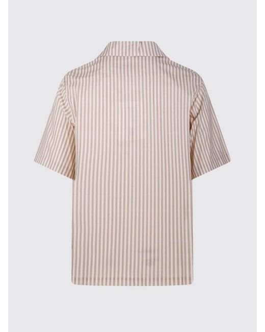 Hevò Natural Striped Cotton Bowling Shirt With A Cuban Collar And Patch Pocket for men