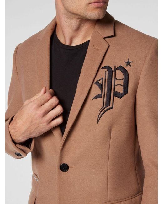 Philipp Plein Brown Knee-Length Single-Breasted Viscose Coat With Embroidered Logo for men