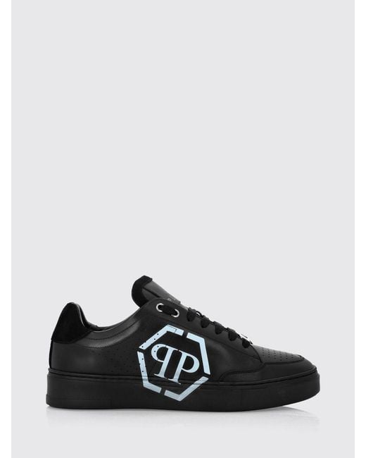 Philipp Plein Black Monogram Calf Leather Low-Top Sneakers With Hexagon Logo for men