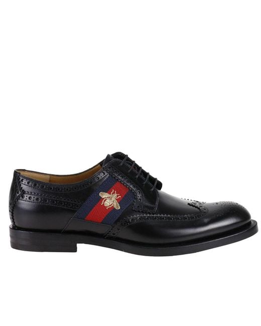 Gucci Black Oxford Spirit Shoes With Web Bands And Bee for men