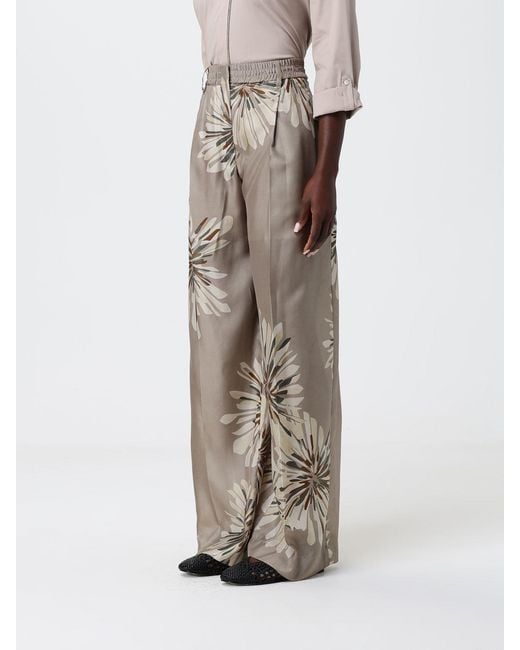 Brunello Cucinelli Natural Wide-Leg Silk Trousers With Floral Print
