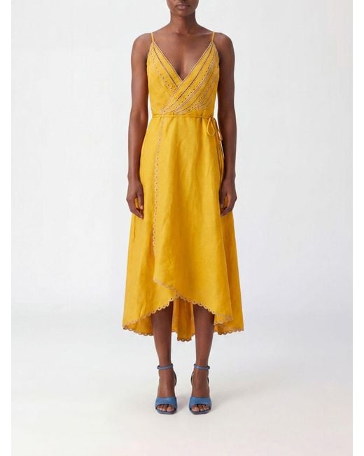 Farm Rio Yellow Midi Linen Wrap Dress With Asymmetrical Hem And Thin Straps
