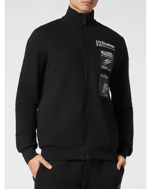 Philipp Plein Black High-Neck Jersey Zip-Up Sweatshirt With Logo Patch for men