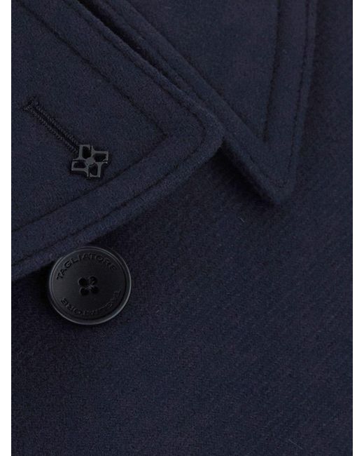 Tagliatore Blue Double-Breasted Knee-Length Wool Coat With Cuff Straps for men