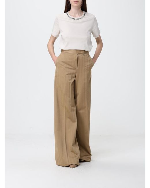 Max Mara Natural Pinstriped Cotton Flared Trousers