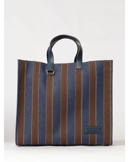 Fendi Blue Two-Tone Striped Cotton Denim Handbag for men
