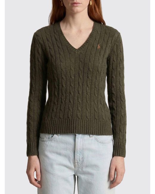 Ralph Lauren Green Cotton V-Neck Sweater With Traces