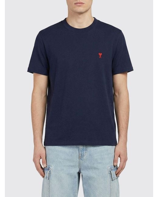 AMI Blue Cotton T-Shirt With Logo for men