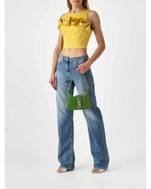 Elisabetta Franchi Blue Cotton Crop Top With Ruffles