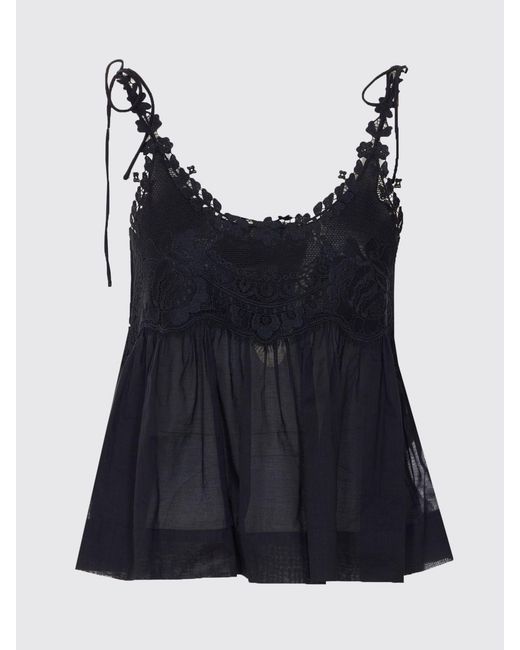 Twinset Black Cotton Top With Lace Inserts