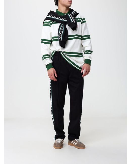 Drole de Monsieur Green Striped Long-Sleeve Cotton Polo Shirt With Logo for men