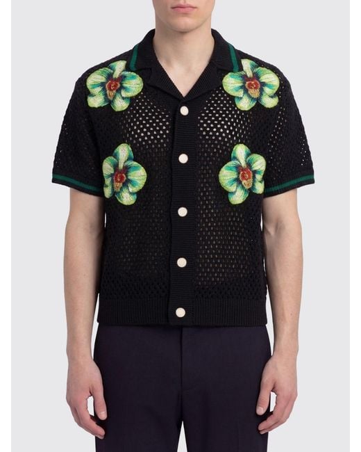 Casablanca Black Floral Print Crochet Shirt for men