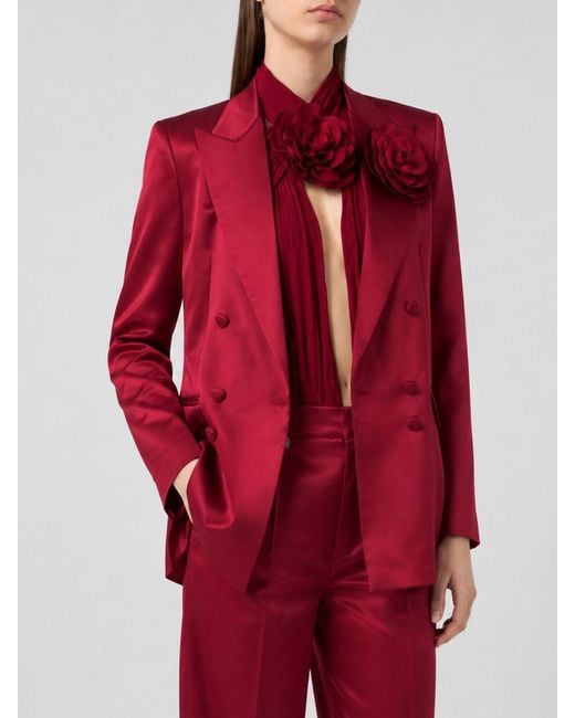 Philipp Plein Red Short Double-Breasted Satin Blazer With Flower Appliqué