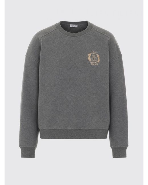 Brunello Cucinelli Gray Cotton Crewneck Sweatshirt With Shield Logo And Dropped Shoulders
