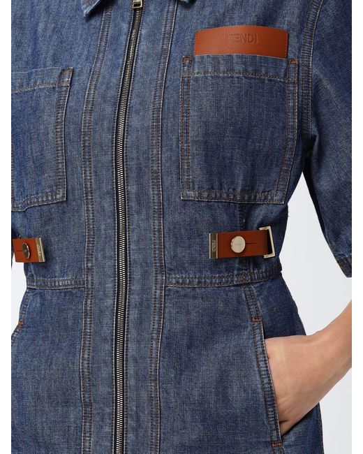 Fendi Blue Slim Fit Cotton Denim Mini Shirtdress With Zip