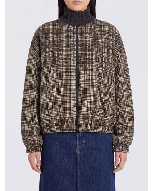 Brunello Cucinelli Brown Relaxed Fit Prince Of Wales Wool Bomber Jacket With Sequins