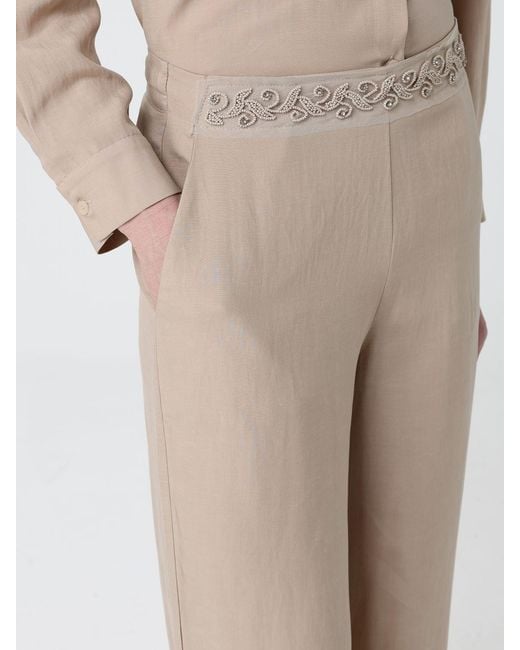Hanita Natural Linen Blend Palazzo Trousers With Embroidery