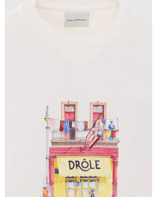 Drole de Monsieur White Graphic Print Cotton Crewneck Sweatshirt With Dropped Shoulders for men