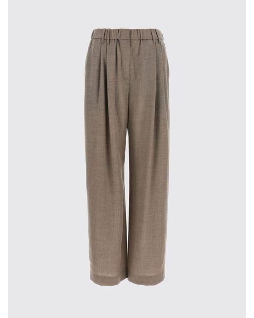 Brunello Cucinelli Natural High-Waisted Virgin Wool Wide Leg Trousers With Monili