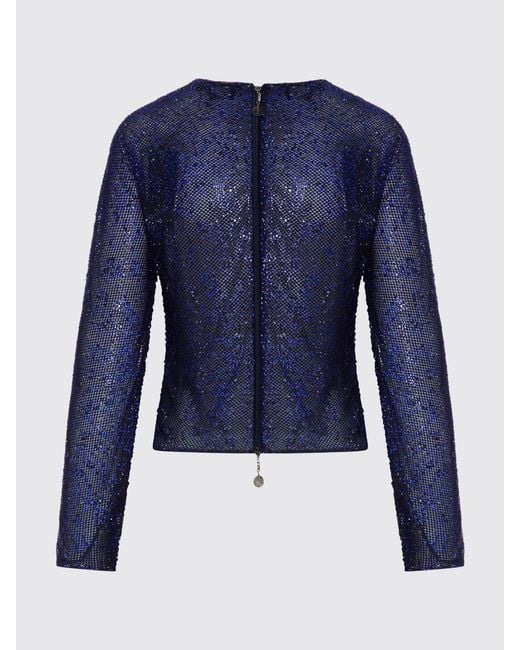 Giorgio Armani Blue Long-Sleeved Polyamide Evening Top With Rhinestones